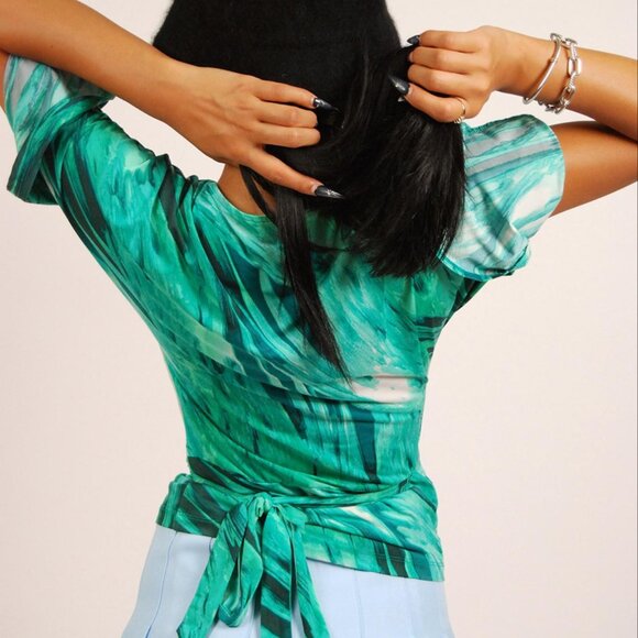 Y2K Bebe Top (S) vintage jungle green wrap tie blouse small - Picture 6 of 8